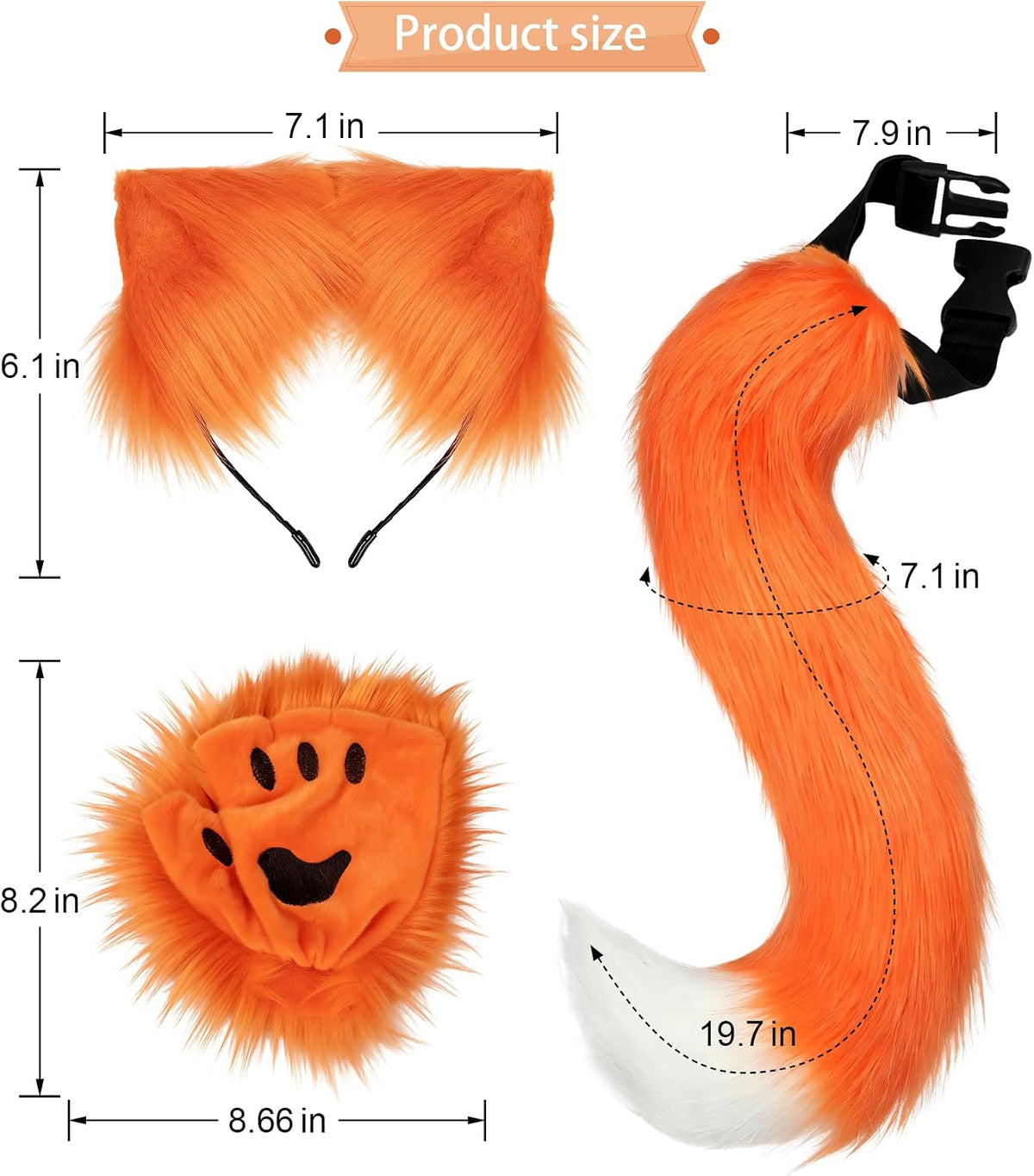 Cat Ears and Tail,Wolf Fox Ears Long Tail and Bell Lace Choker Set for Halloween,Animal Cosplay Party Costume