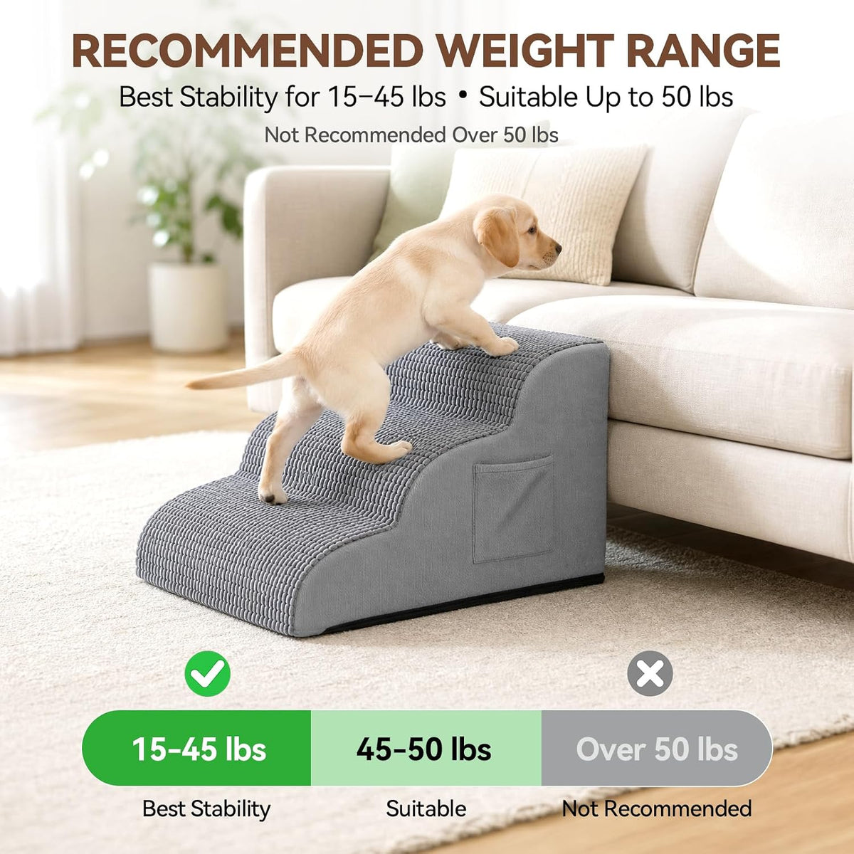 Extra Wide 3 Step Dog Stairs for Bed & Couch, Small Medium Dogs