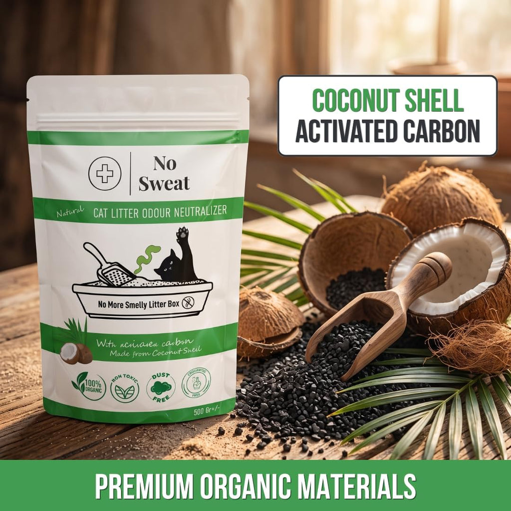 No Sweat Activated Carbon Cat Litter Odour Neutralizer-Made Of Coconut Shell-All Natural-No Chemical,Toxic Ingredients-Unscented-Planet Friendly-Economy Pack-500 GR- Packing May Vary