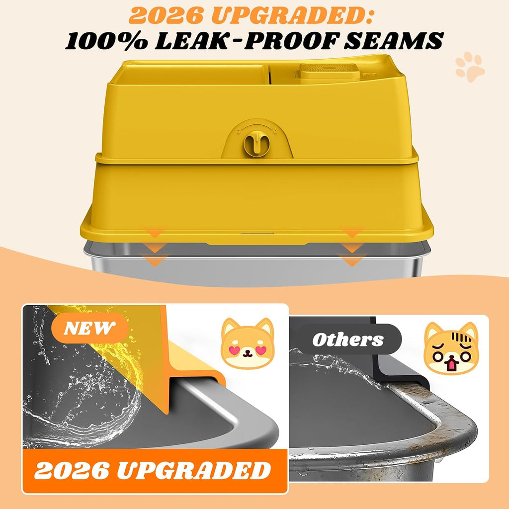 Stainless Steel Litter Box | Enclosed Cat Litter Box with Lid for Big Cats | High Sided Metal Litter Boxes | 100% Anti-Urine Leakage | Non-Stick with Litter Mat & Litter Scoop Set (Mustard Yellow)
