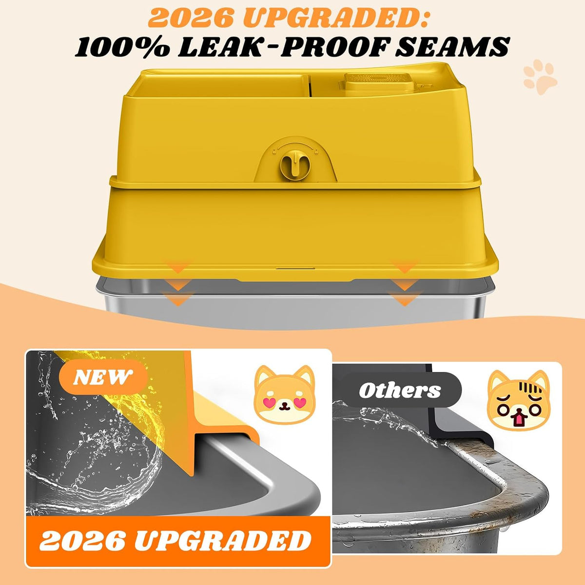 Stainless Steel Litter Box | Enclosed Cat Litter Box with Lid for Big Cats | High Sided Metal Litter Boxes | 100% Anti-Urine Leakage | Non-Stick with Litter Mat & Litter Scoop Set (Mustard Yellow)