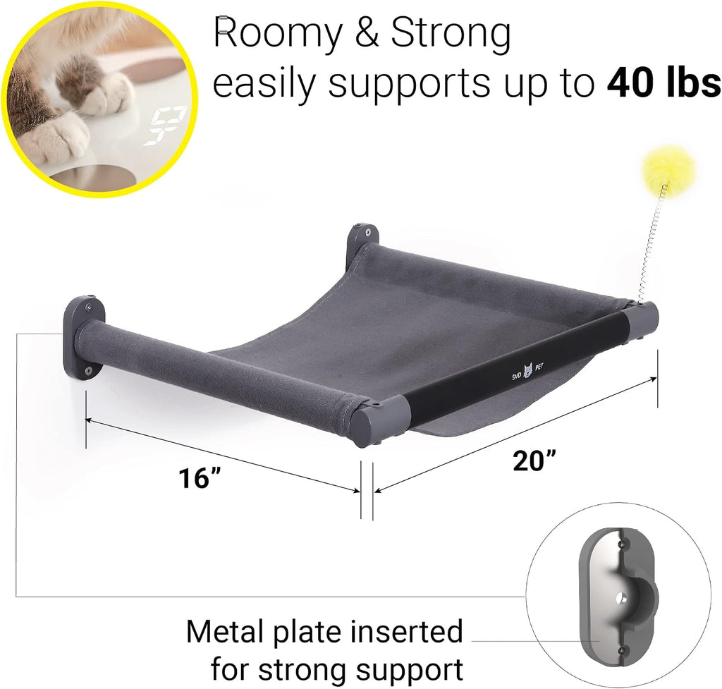 SVD.PET Cat Hammock Wall Mounted with Toy, Soft Padded & Comfortable Cover Premium Wall Furniture. Modern Design Cat Shelf. Supports up to 40 lbs (Comfy Plus, Dark Grey)