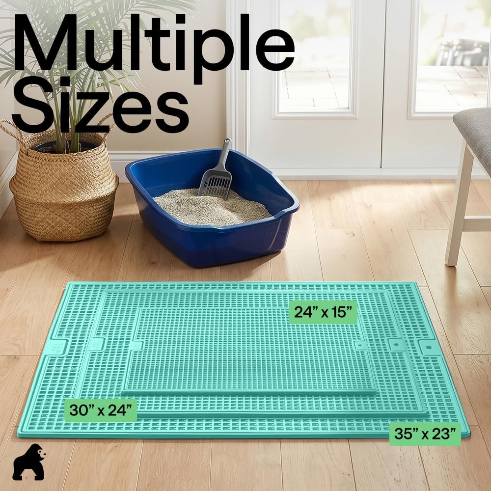 GORILLA GRIP Cat Litter Mat, Dual Layer Silicone Tray, 24x15, Turquoise