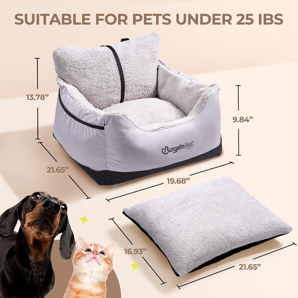 BurgeonNest Dog Car Seat for Small Dogs & Cats Under 25 lbs, Black Grey