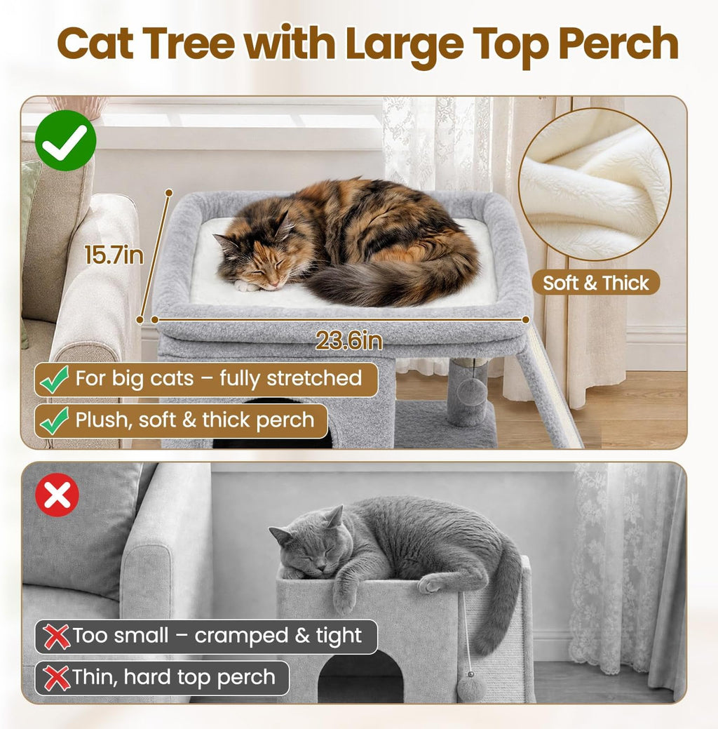Cat Tree Tower with Scratching Post for Large Kitty, Light Grey