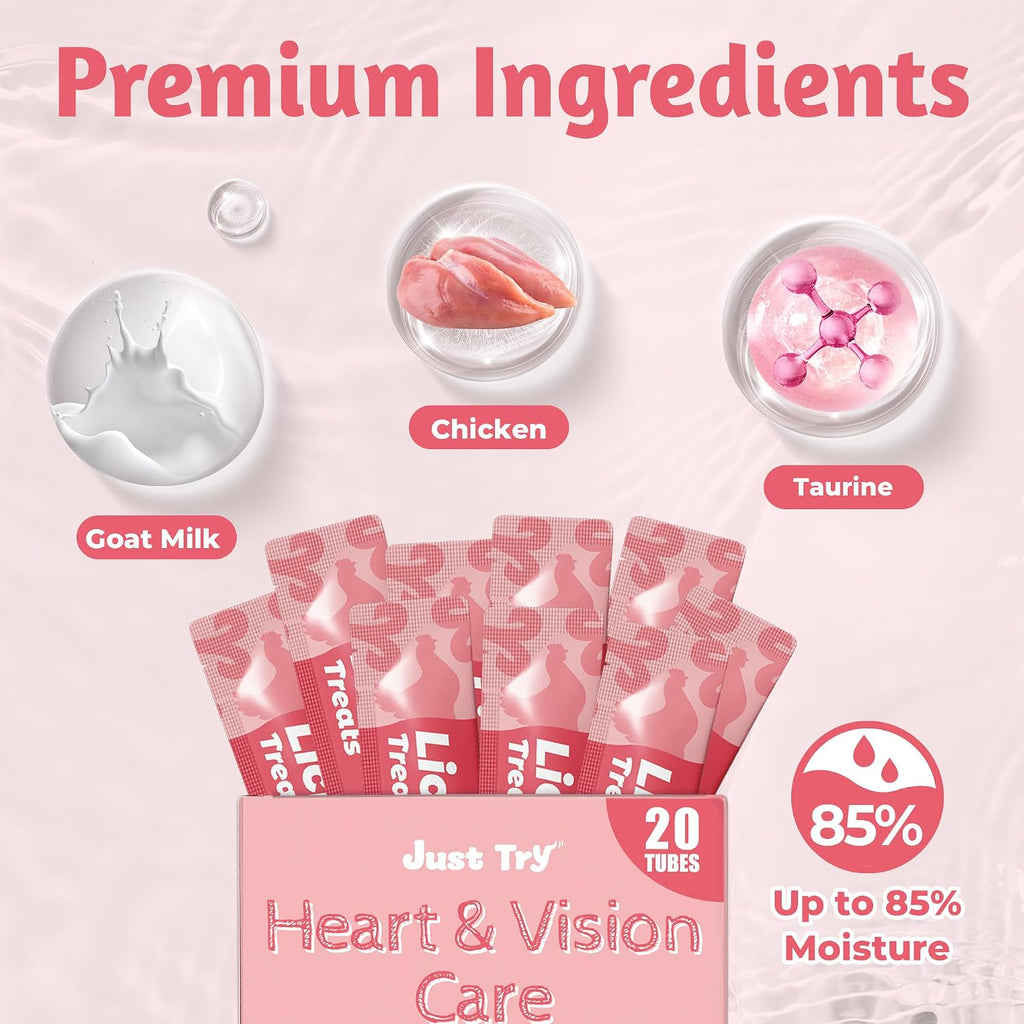 Just Try Taurine Lickable Cat Treats, Creamy Squeezable Purée with Goat Mlik, Taurine & Vitamin E, Support Heart & Vision, Grain Free, 0.5 Ounces Each 20 Tubes