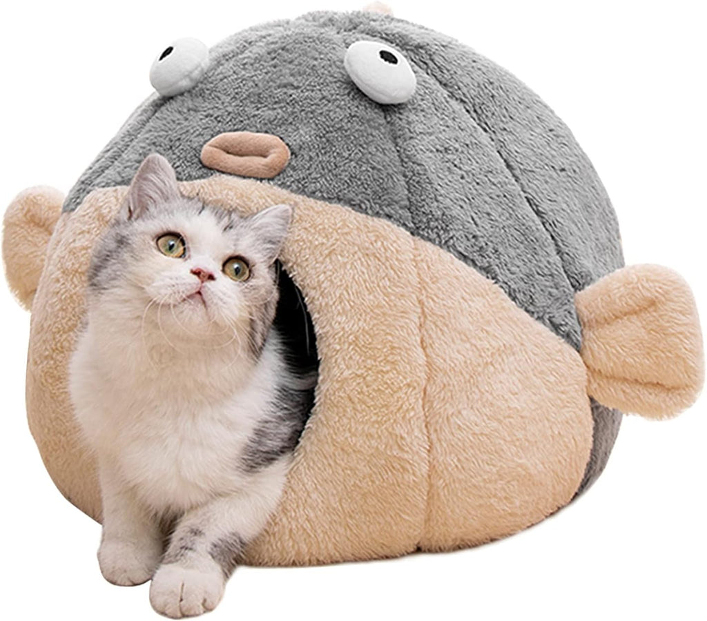 Cat Beds for Indoor Cats-Cat Bed Cave,Cute Lively Pufferfish shape,Grey M