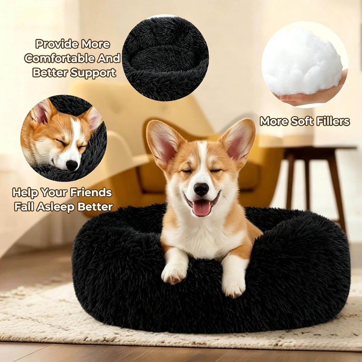 Calming Donut Dog Bed for Small Dogs, Anti-Anxiety Round Washable Plush Fluffy Faux Fur Large Cat Bed, 24 inches Fits up to 25 lbs Pets, Anti-Slip Waterproof Mute Base Black