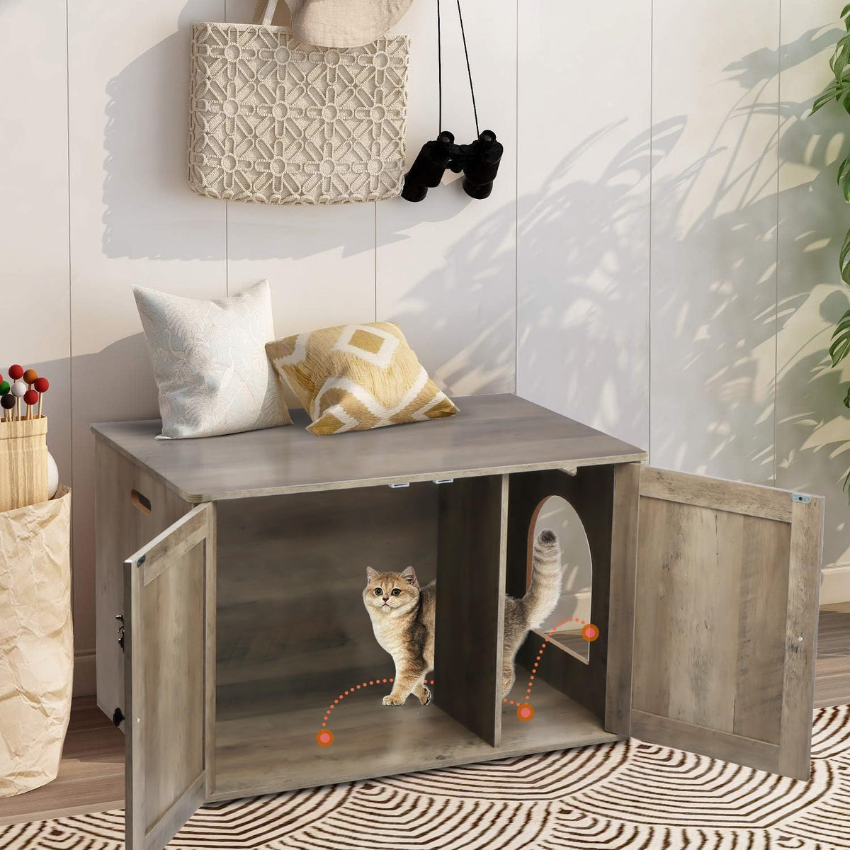 Timberer Cat Litter Box Enclosure, Hidden Litter Box Furniture with Divider | Wooden Cat Washroom Furniture, Indoor Cat House, Dog-Proof, Fits Most of Litter Box, Grey