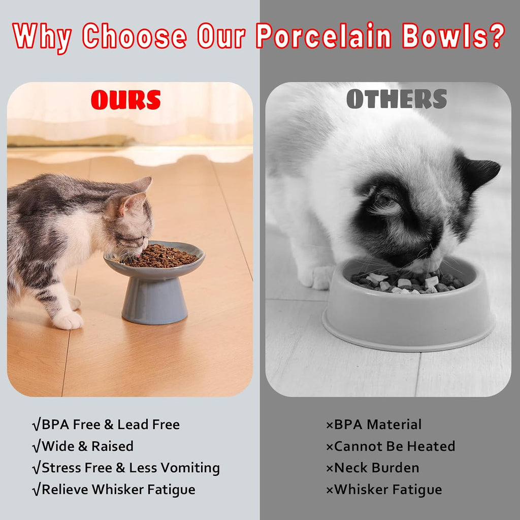 Extra Wide 6.1" Ceramic Raised Cat Food Bowl, Shallow Elevated Pet Feeder for Food Feeding, Anti Vomiting Whisker Fatigue Bowls for Cat Puppy, Blue