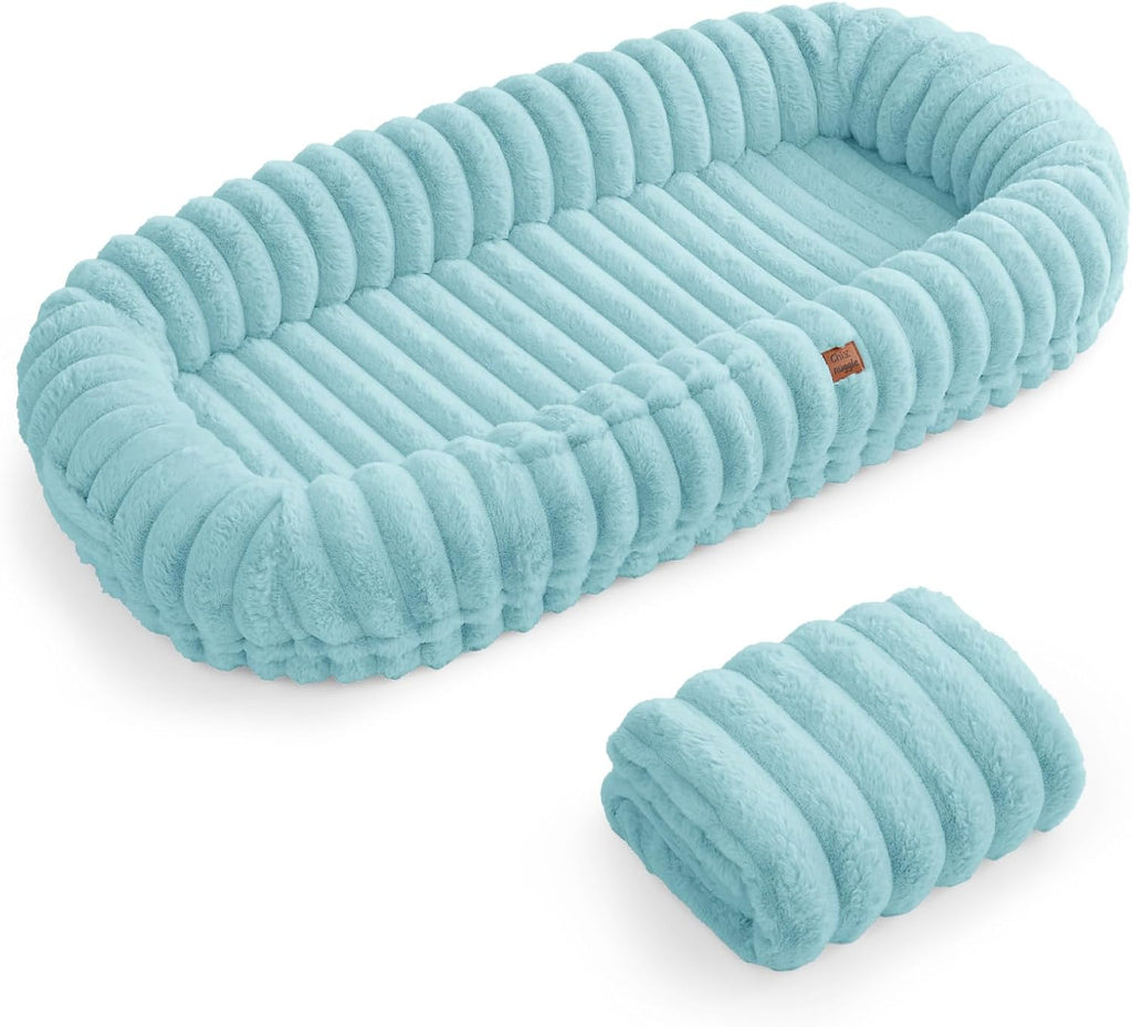 ChiXnuggle Orthopedic Human Dog Bed,Striped Faux Fur Washable Cover,Blanket
