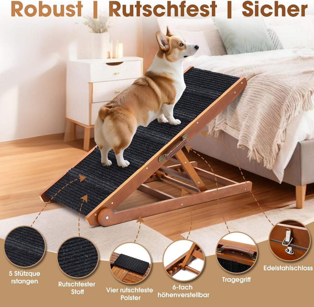 Dog Ramp for Bed - Foldable Small to Large Dog Ramp for Couch - 6 Adjustable Height from 12" to 24" - Stairs with High Traction Mat - Wooden Ramp for Dogs to Get on Bed Couch Car Up to 200LBS（Walnut）
