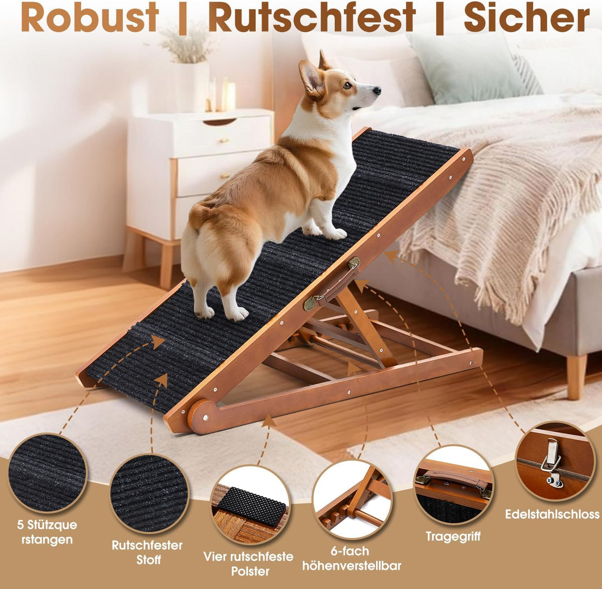 Dog Ramp for Bed - Foldable Small to Large Dog Ramp for Couch - 6 Adjustable Height from 12" to 24" - Stairs with High Traction Mat - Wooden Ramp for Dogs to Get on Bed Couch Car Up to 200LBS（Walnut）