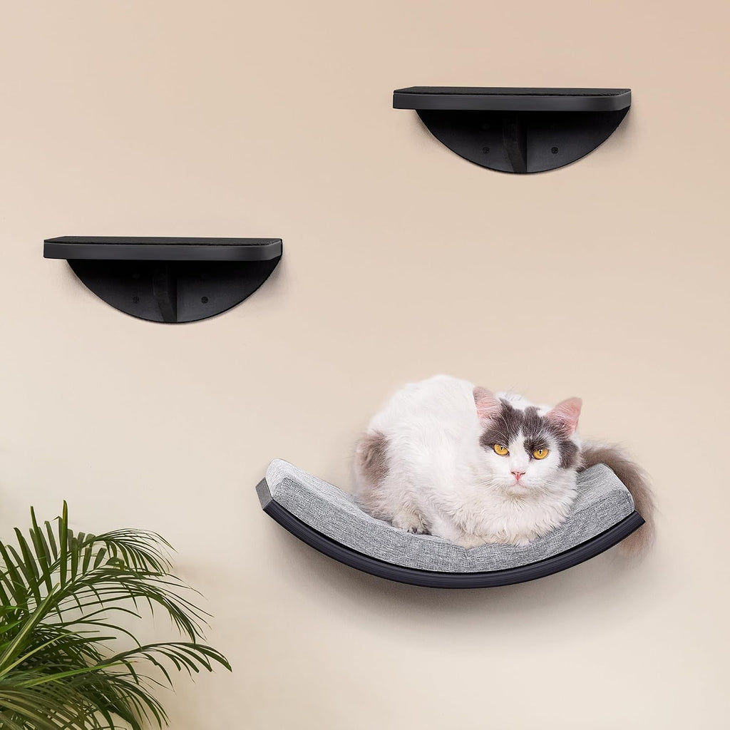Curved Cat Wall Hammock Bed with Grey Foam Cushion – Floating Cat Wall Shelf Nest for Climbing, Sleeping & Lounging