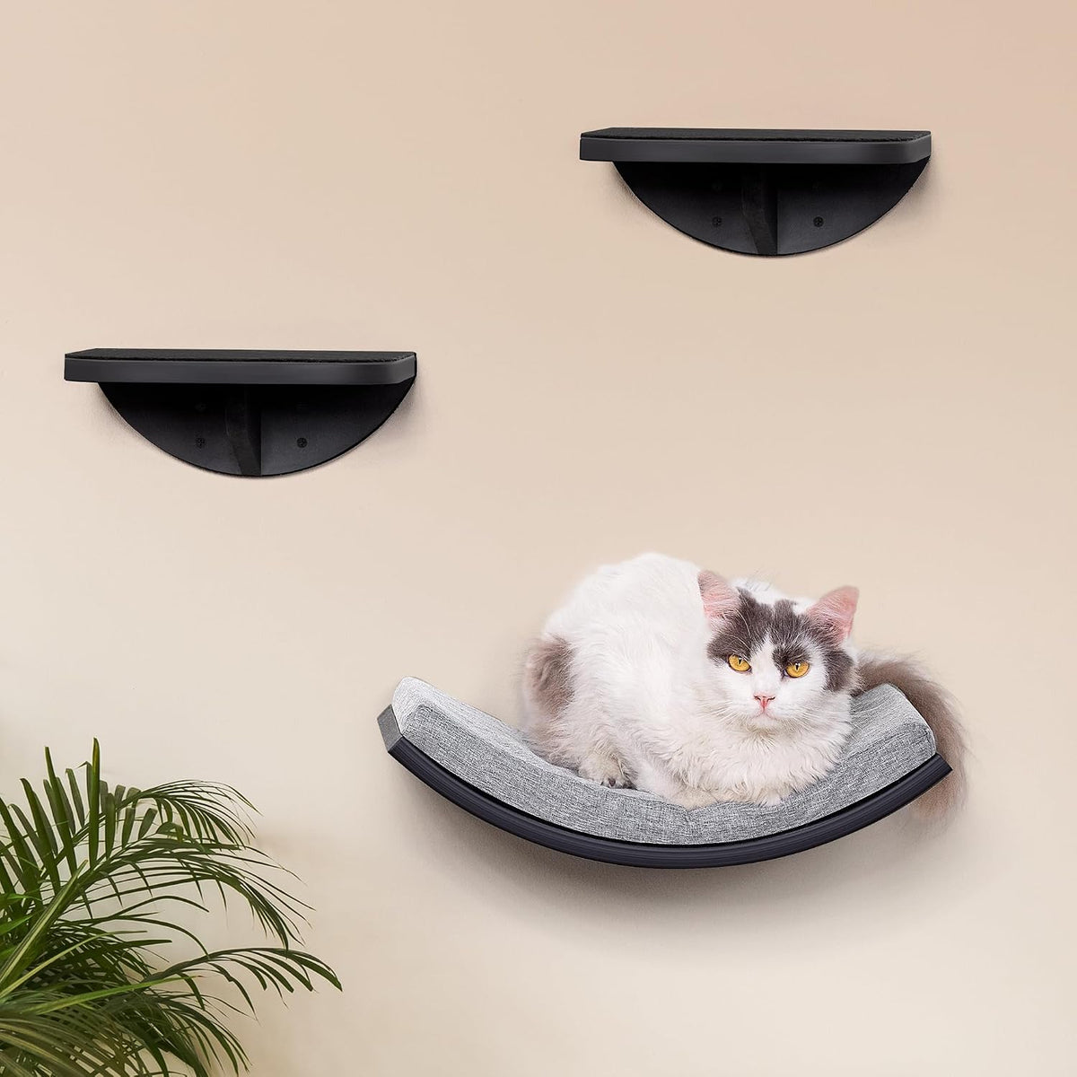 Curved Cat Wall Hammock Bed with Grey Foam Cushion – Floating Cat Wall Shelf Nest for Climbing, Sleeping & Lounging