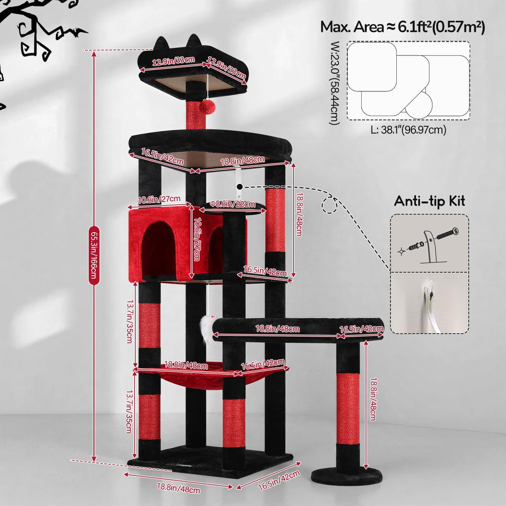 Globlazer 65in Gothic Sturdy Cat Tree for Indoor Large Cat, S65, Black Red