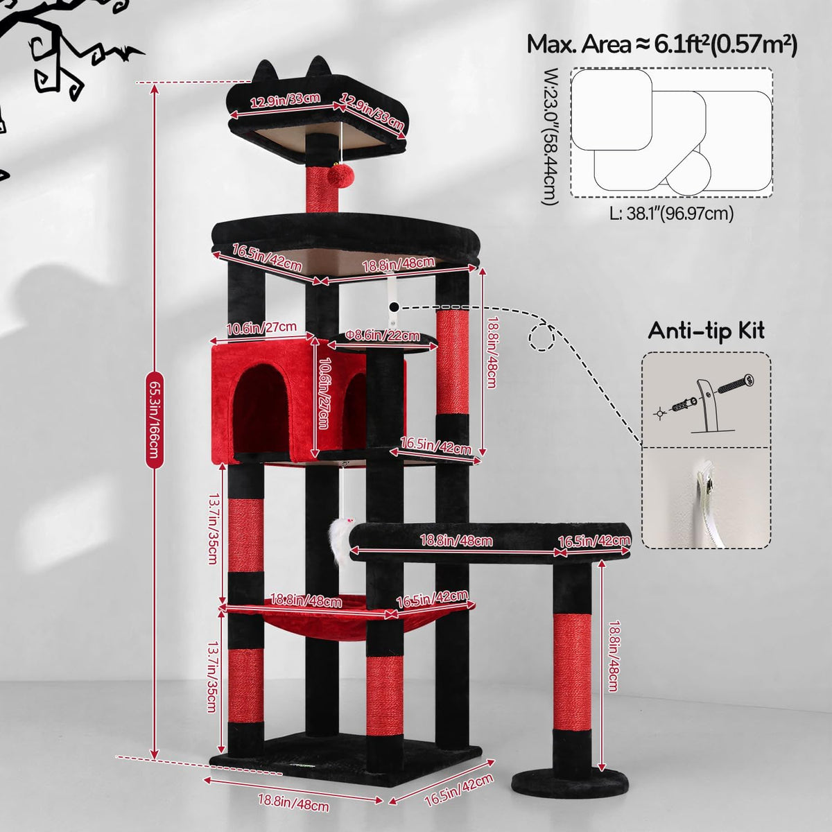 Globlazer 65in Gothic Sturdy Cat Tree for Indoor Large Cat, S65, Black Red