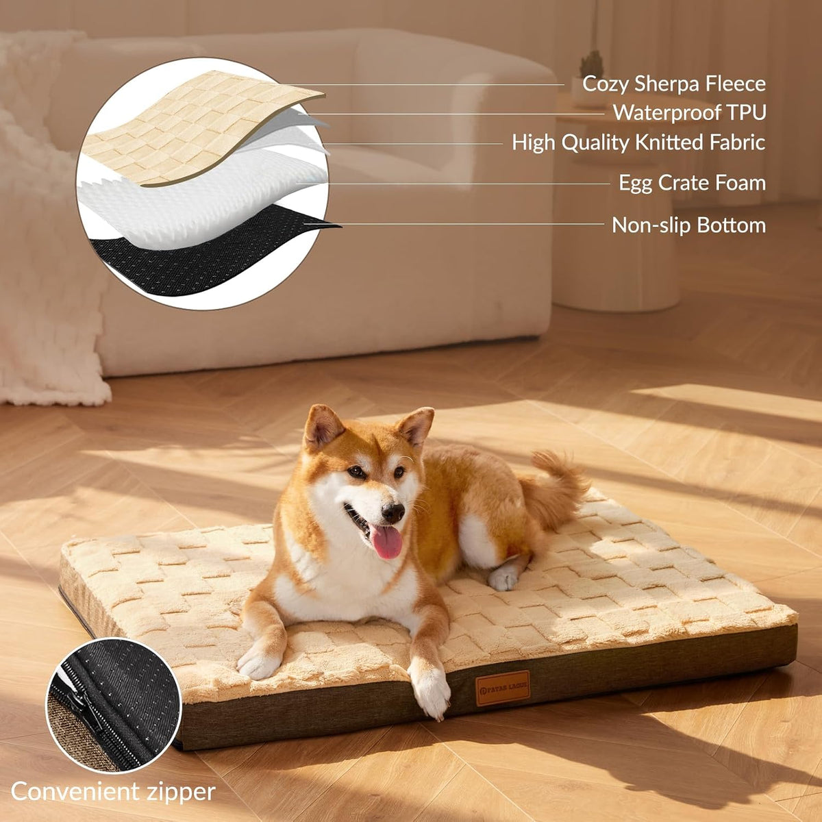Patas Lague Orthopedic Large Dog Bed Washable Pet Crate Mat 48''X30'' Camel