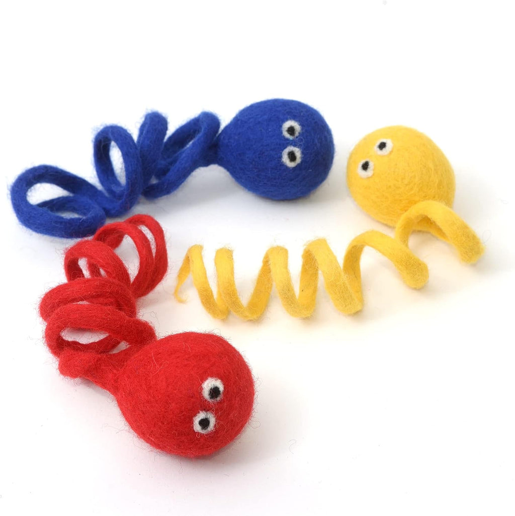 Glaciart One Wool Felt Spring Cat Toys, 3 Pack Handmade Stretchy Coil Springs for Indoor Cats & Kittens, Interactive Fuzzy Cat Toy, AZO-Free Dyes, 4 Inch