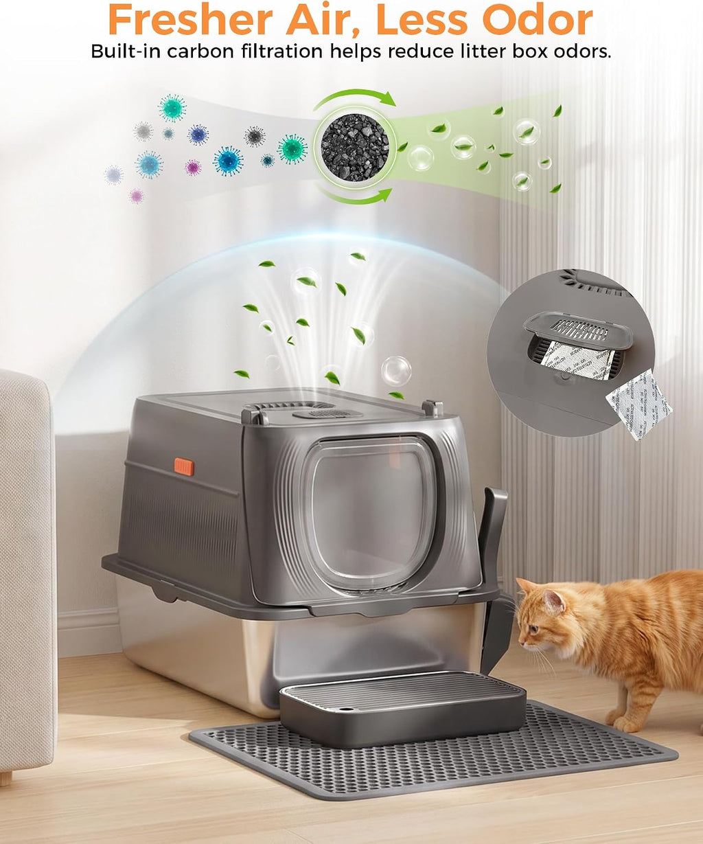 GTPLAYER XL Stainless Steel Cat Litter Box with Lid, High Sided Enclosed Cat Litter Box, Activated Carbon Odor Control, Extra Large Metal Litter Box, Anti-Leak, with Mat & Step, Gray