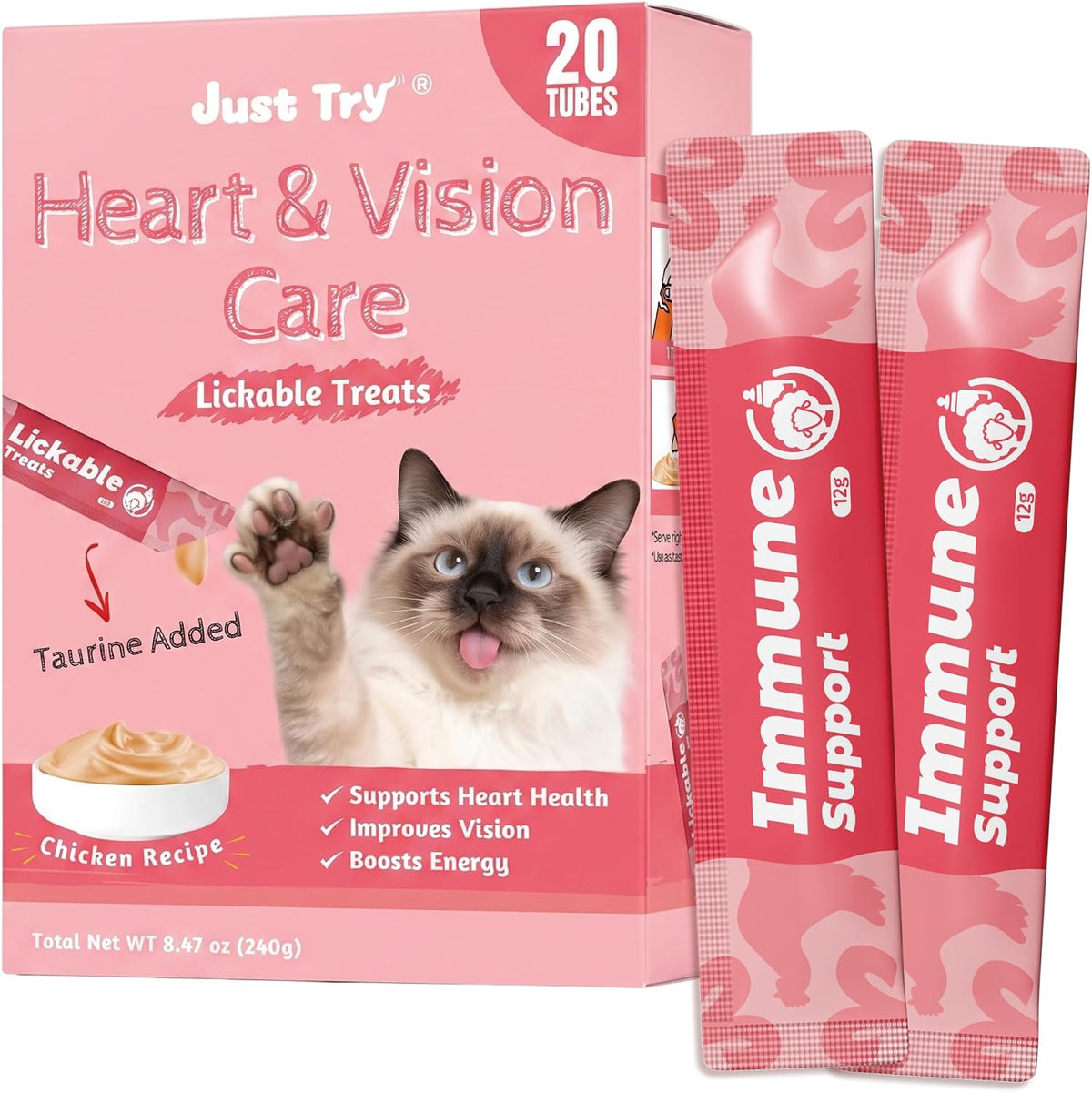 Just Try Taurine Lickable Cat Treats, Creamy Squeezable Purée with Goat Mlik, Taurine & Vitamin E, Support Heart & Vision, Grain Free, 0.5 Ounces Each 20 Tubes