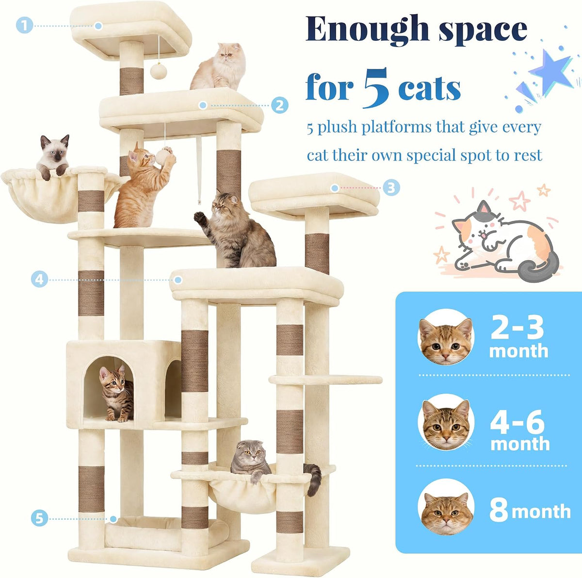 Hey-brother Cat Tree Tower, Wide Base, 5 Platforms for Multi-Cats, MPJ074MJ