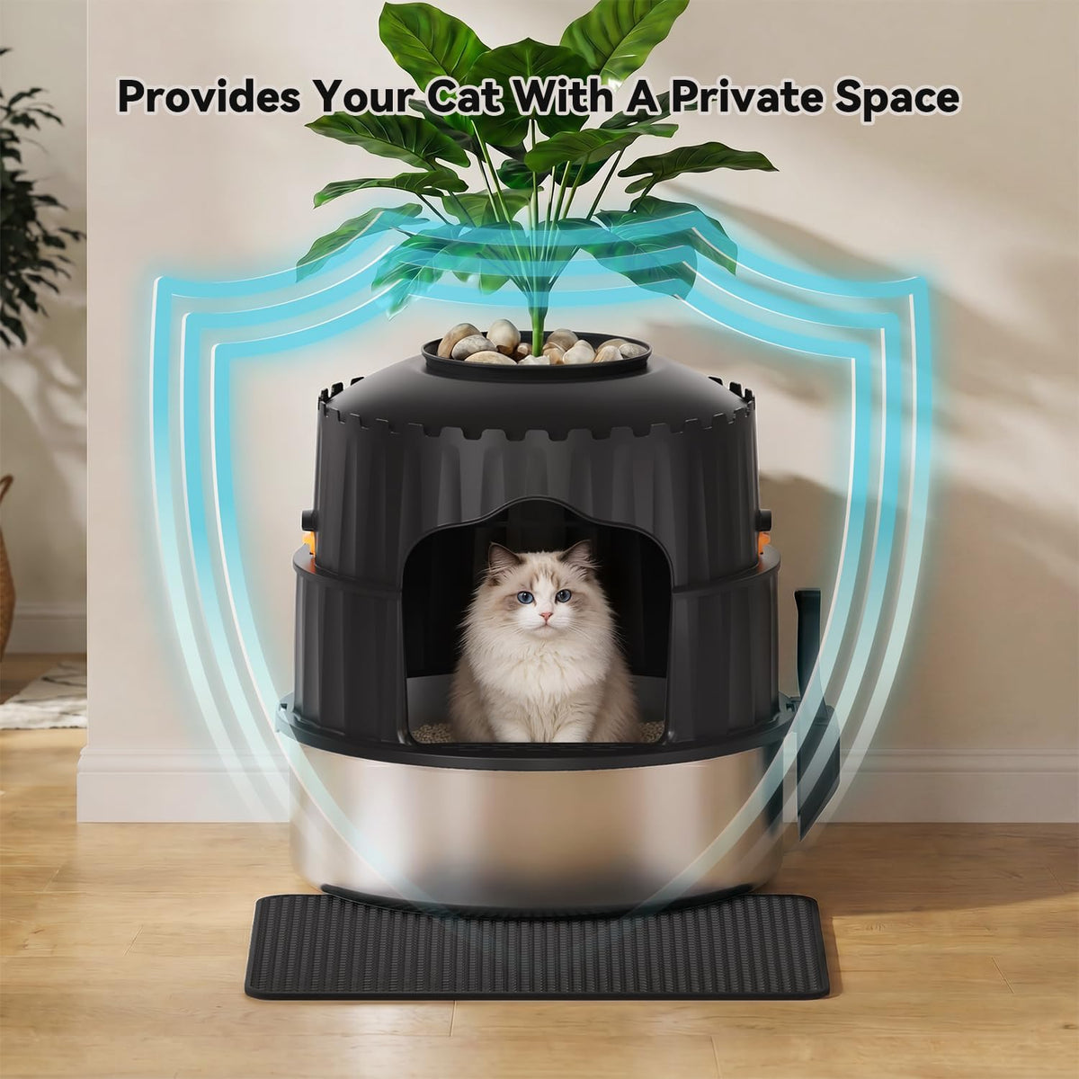 Hidden cat Litter Box Featuring a Stainless Steel Tray, Faux Greenery, an Activated Carbon Packet, and a Scoop; Plant-Style Litter Box Furniture; Includes a Free Litter mat