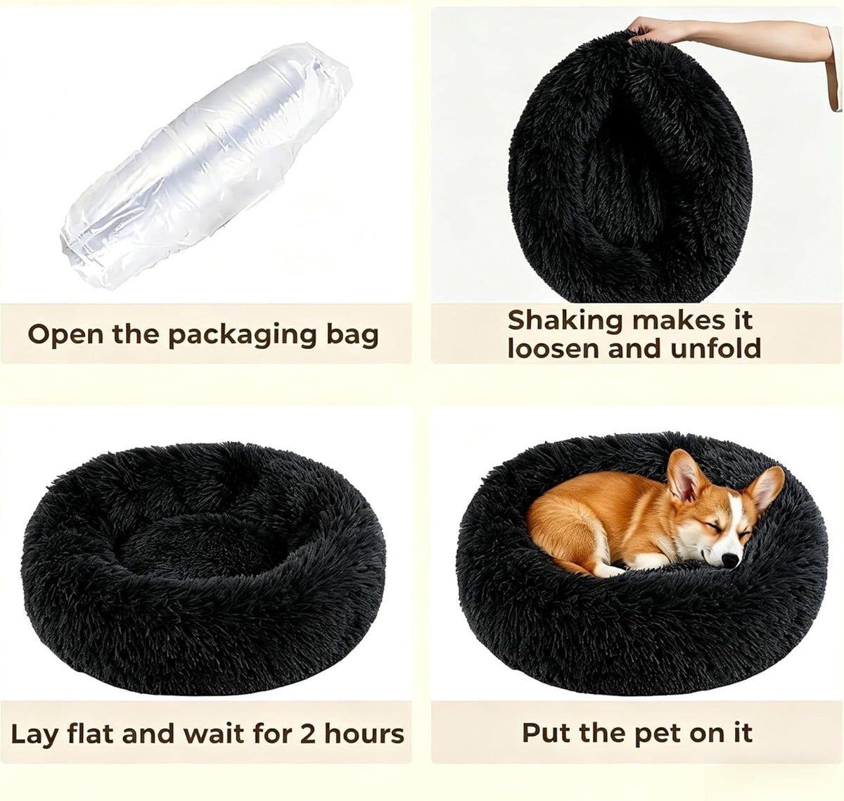 Calming Donut Dog Bed for Small Dogs, Anti-Anxiety Round Washable Plush Fluffy Faux Fur Large Cat Bed, 24 inches Fits up to 25 lbs Pets, Anti-Slip Waterproof Mute Base Black