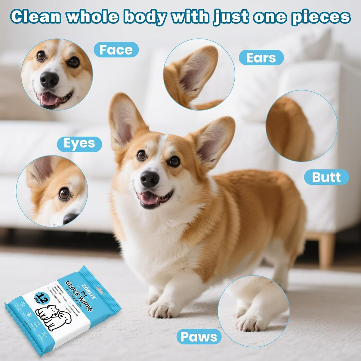 60Pcs Hypoallergenic Pet Glove Wipes for Dogs & Cats