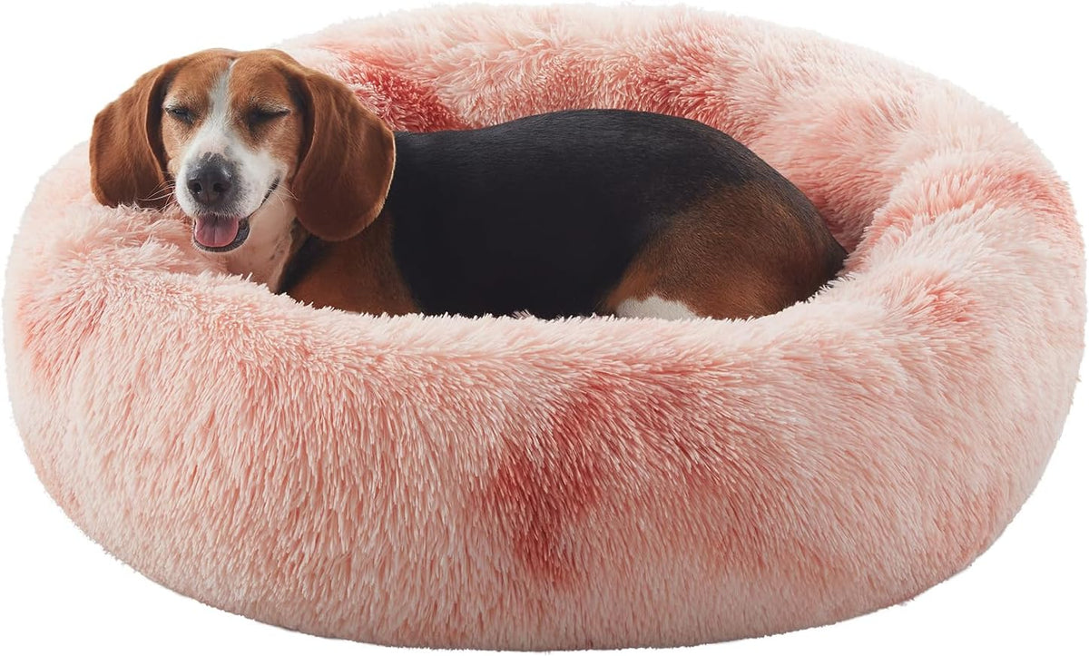 33 in Faux Fur Donut Dog Bed for Medium Plus Dogs,Tie-dye Pink