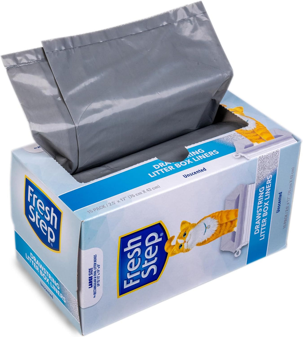 Fresh Step Drawstring Cat Litter Liners, 2.5 ft x 17 in, 15 Ct, 12-Pack | Heavy-duty bags, unscented, drawstring closure, large oval or rectangle pans