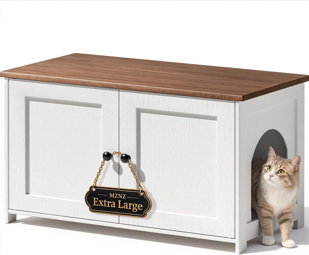 Hidden Cat Litter Box Enclosure Furniture, Extra Large, White&Brown