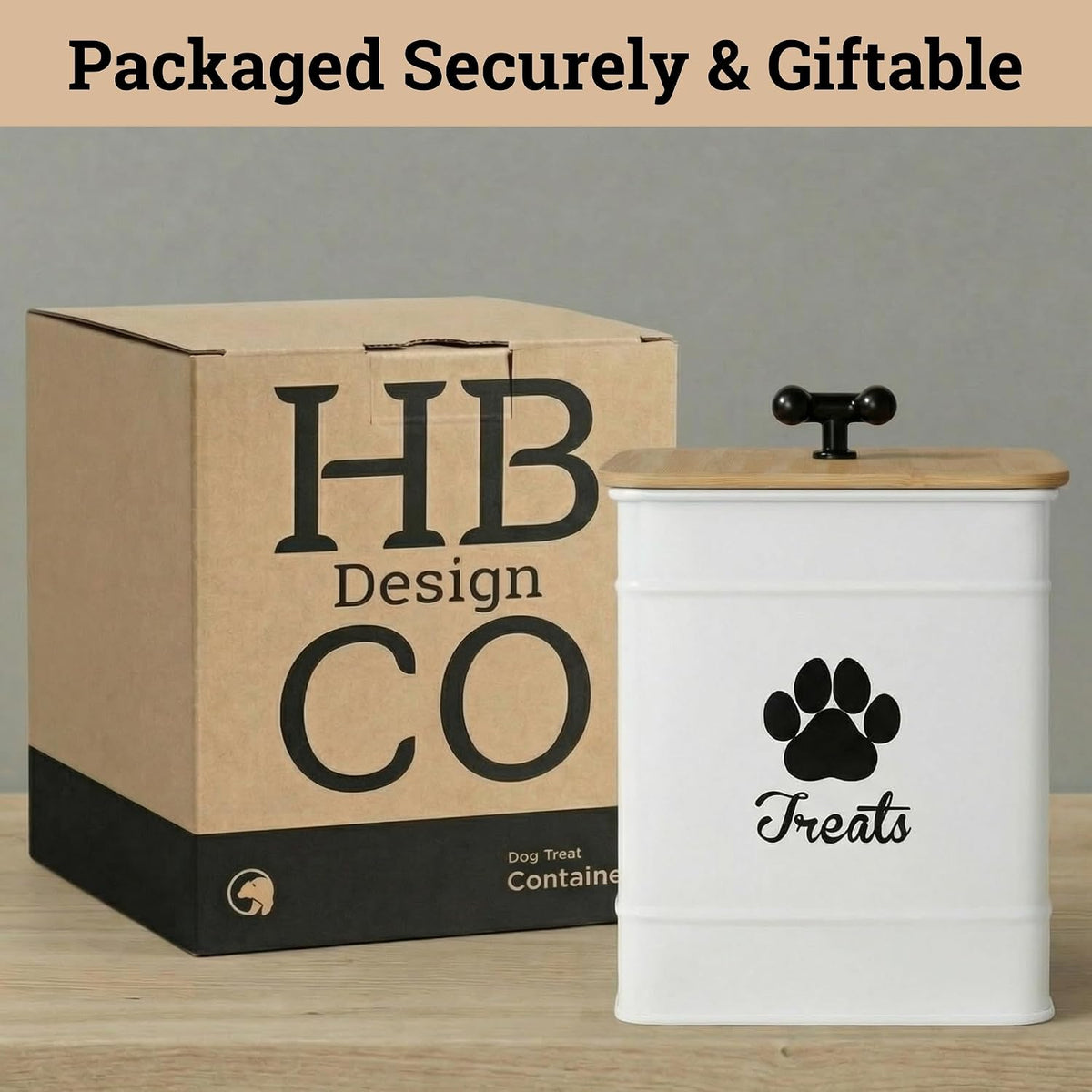 Dog Treat Container Airtight, 6"W x 8"H, Powder Coated, 12 Cup Capacity | Fits All Popular Treats, 12 Cup Capacity, Airtight Bamboo Lid, Easy Open Lid, Dent-Resistant Durable Metal Bone-Shaped Handle