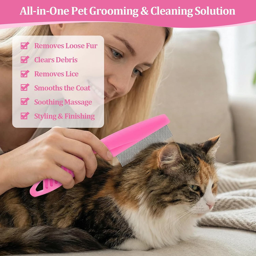 6 Pack Pet Grooming Combs, Stainless Steel Dog and Cat Grooming Combs with Rounded Teeth, Double-Sided Professional Pet Tear Stain Remover for Small, Medium, and Large Pets (Pink)