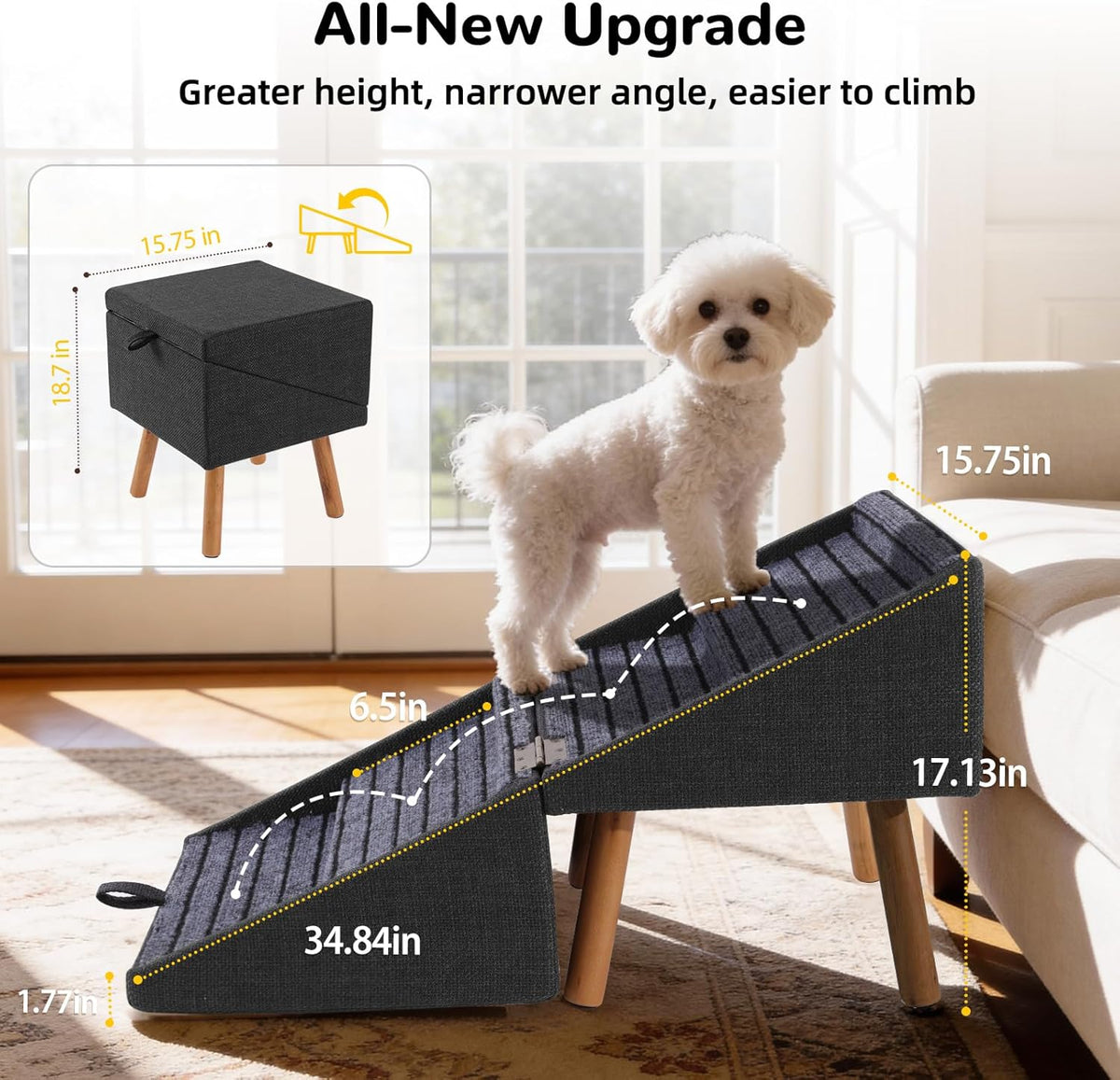 Dog Stairs for Small Dogs, 2-in-1 Dog Safety Ramp and Ottoman, 17.13" H