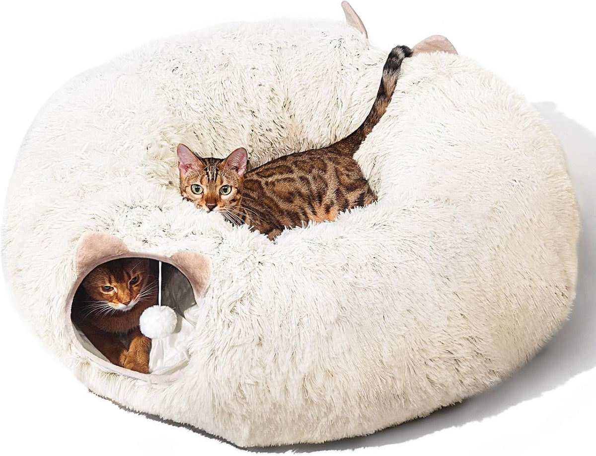 Cat Tunnel with Cat Bed for Indoor Cats, Soft Plush Peekaboo Cat Cave Donut Tunnel, Multifunctional Playground Toys Hideplace for Small Medium Large Kittens, Rabbit, Ferret (Cream White)