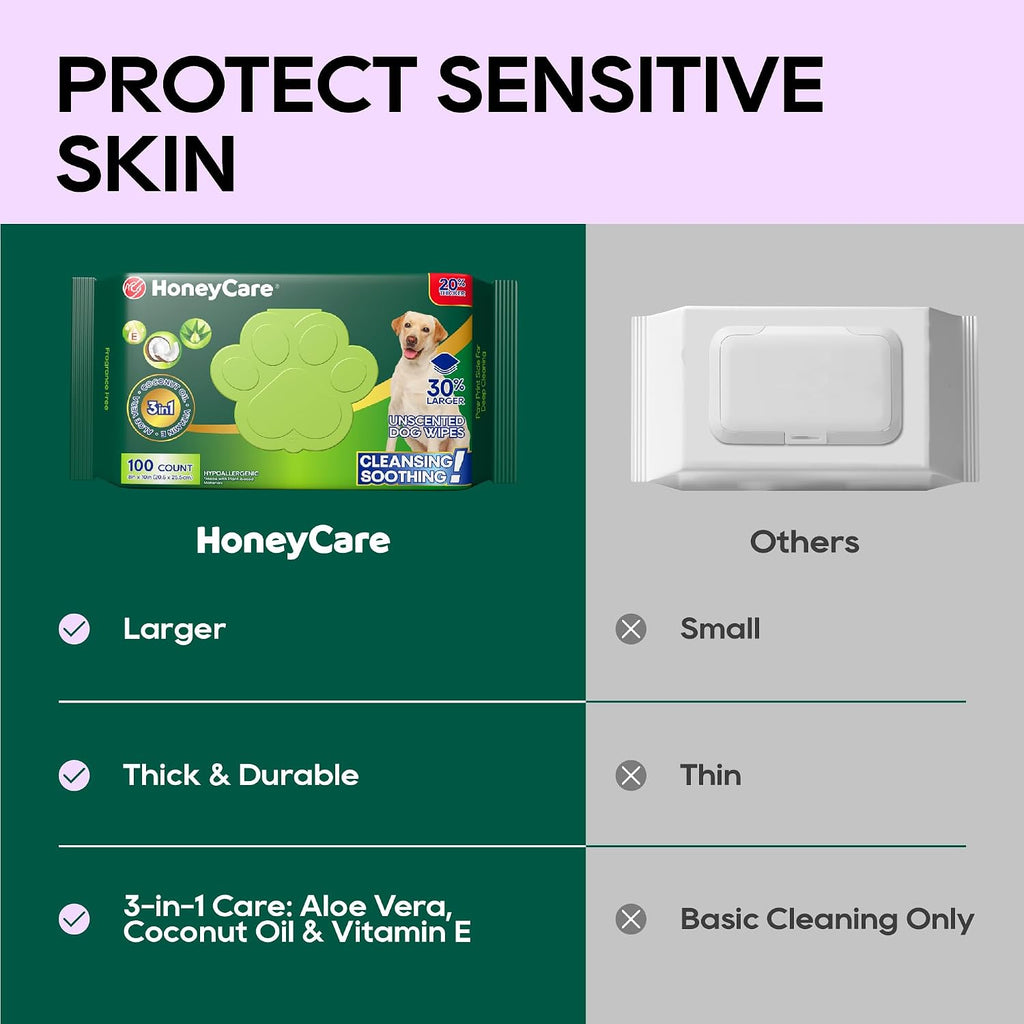 HONEY CARE Disposable Pet Wipes for Dogs & Cats, Fragrance-Free, 400 Count (4 Packs of 100 Wipes), Cleansing & Soothing for Paws, Butt & Body