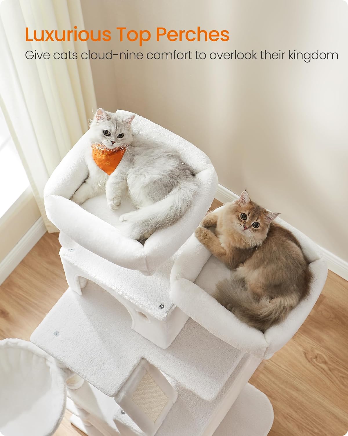 Feandrea Cat Tree, 66.1-in Large Cat Tower, Multi-Level Condo, Cream White
