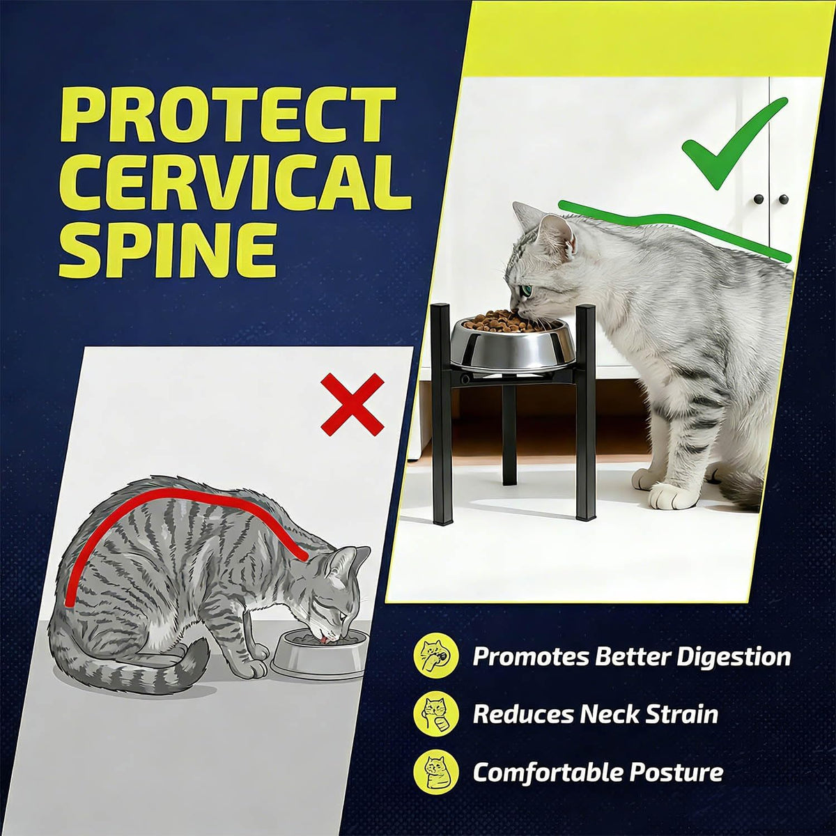 Elevated Cat Bowl Stand Good for Senior Cats Digestion Arthritis Relief - Adjustable Metal Feeder Riser, Fits 5.1-7.45” Round Bowls (No Bowls)（Black）