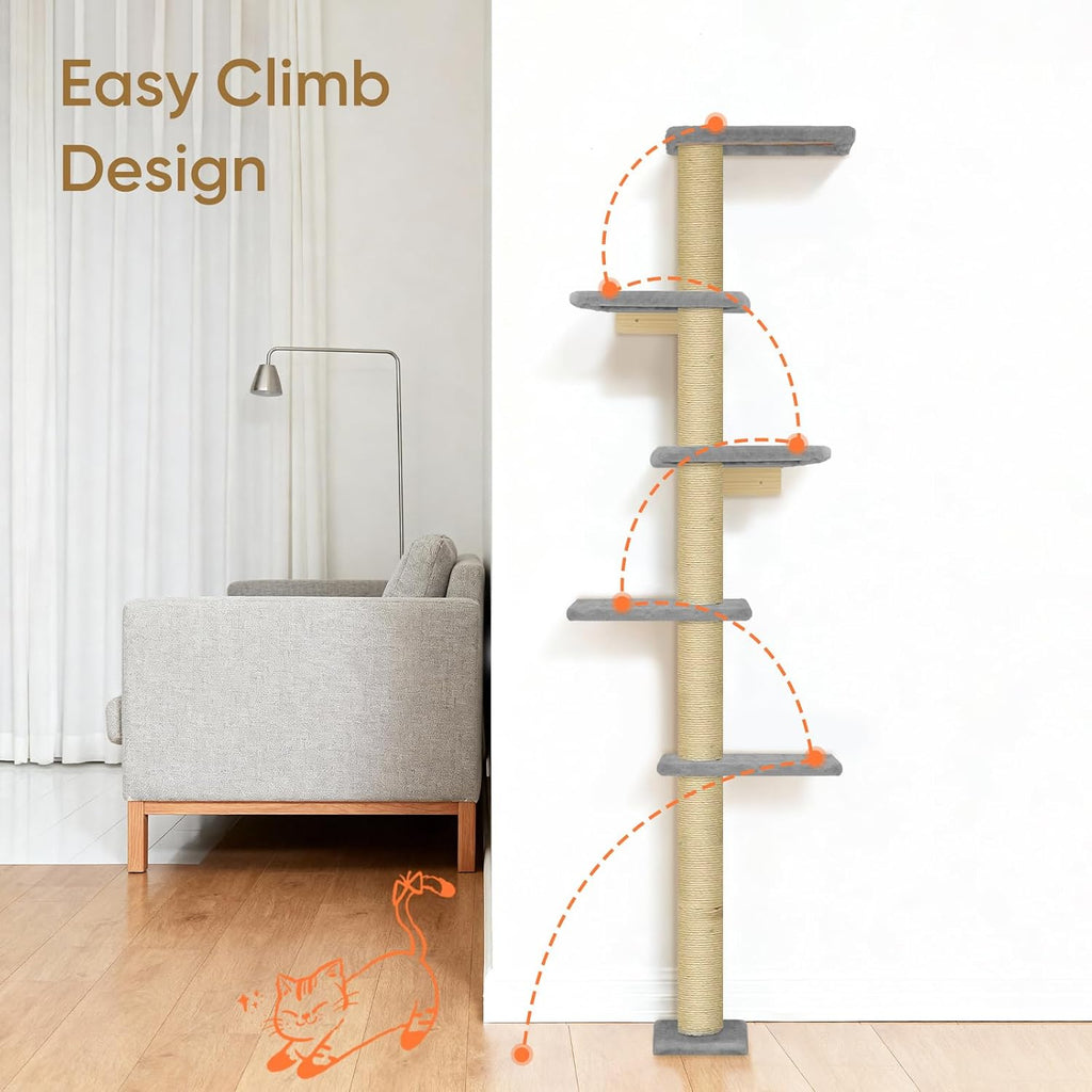 PAWSCRAT 5-Tier Wall-Mounted Cat Tree, 80-Inch Sisal Cat Post, Gray