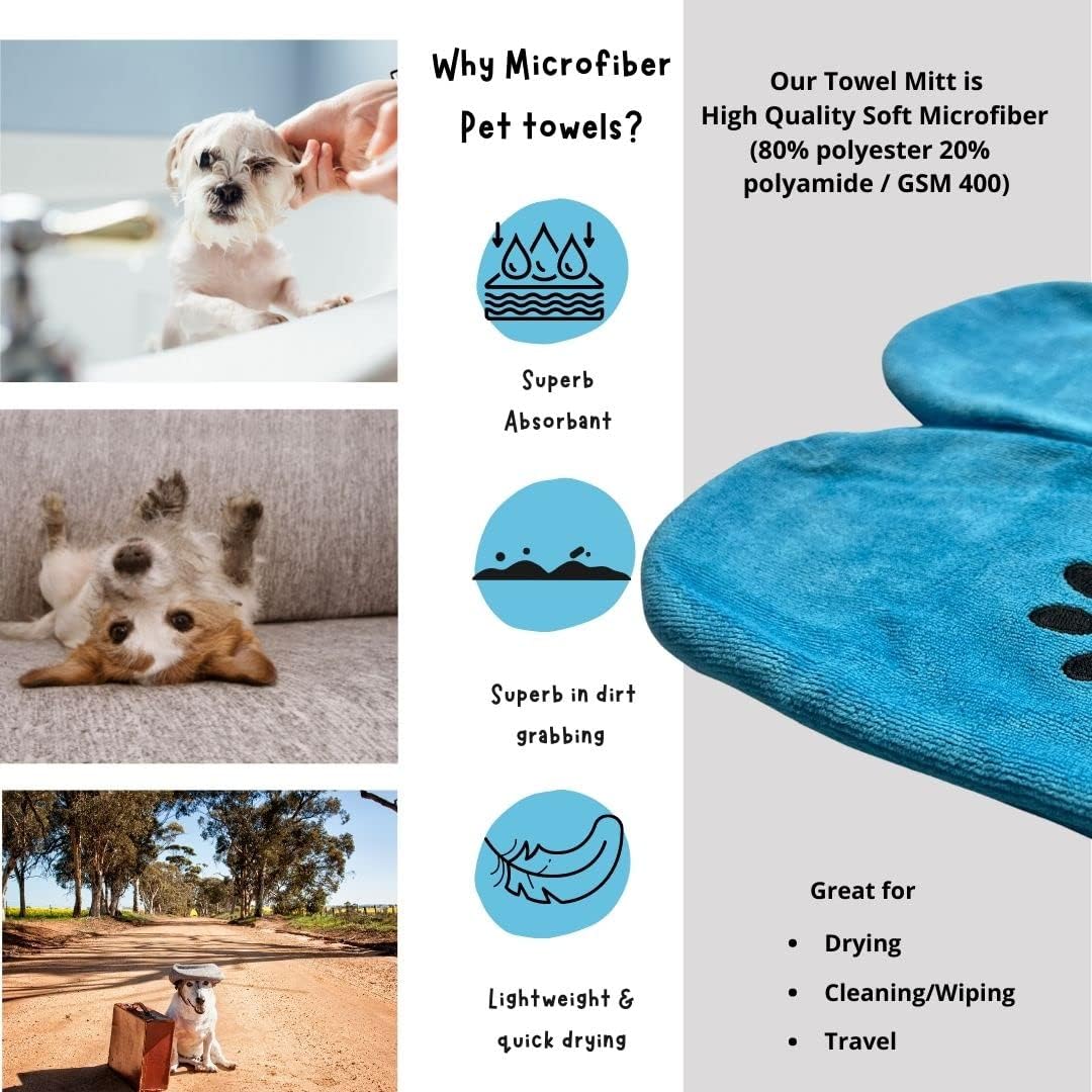 Penny & Niko Microfiber Pet Towel Mitts - Paw Cleaning and Drying Mitts/Gloves for Dogs and Cats (Blue, Standard - 2 Pack)