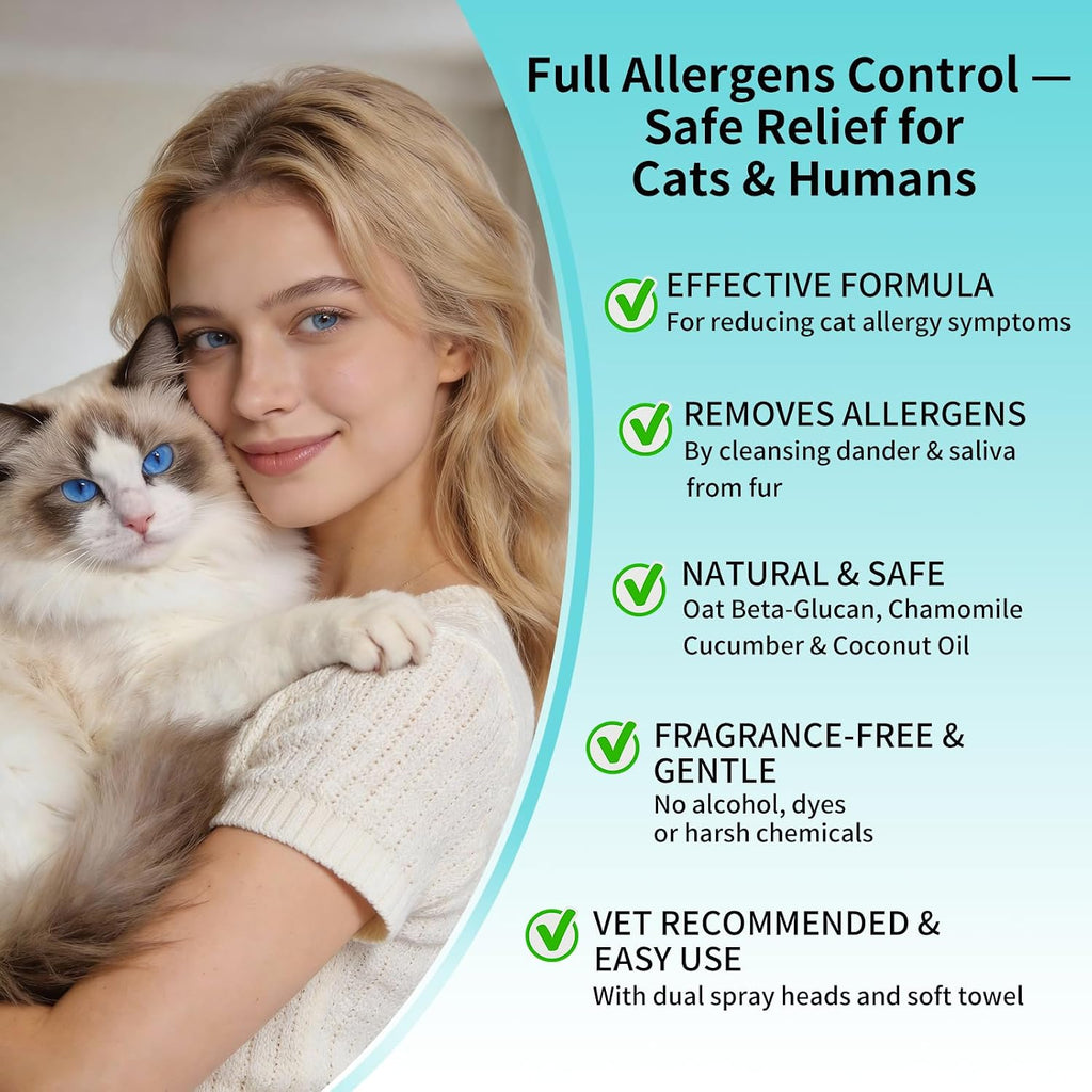 Cat Dander Remover Spray – Natural & Safe Allergy Relief for Cats & Humans, Relieves Itchy Skin & Reduces Dander – Includes 2 Spray Heads & Cleaning Cloth