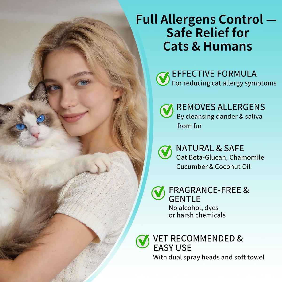 Cat Dander Remover Spray – Natural & Safe Allergy Relief for Cats & Humans, Relieves Itchy Skin & Reduces Dander – Includes 2 Spray Heads & Cleaning Cloth