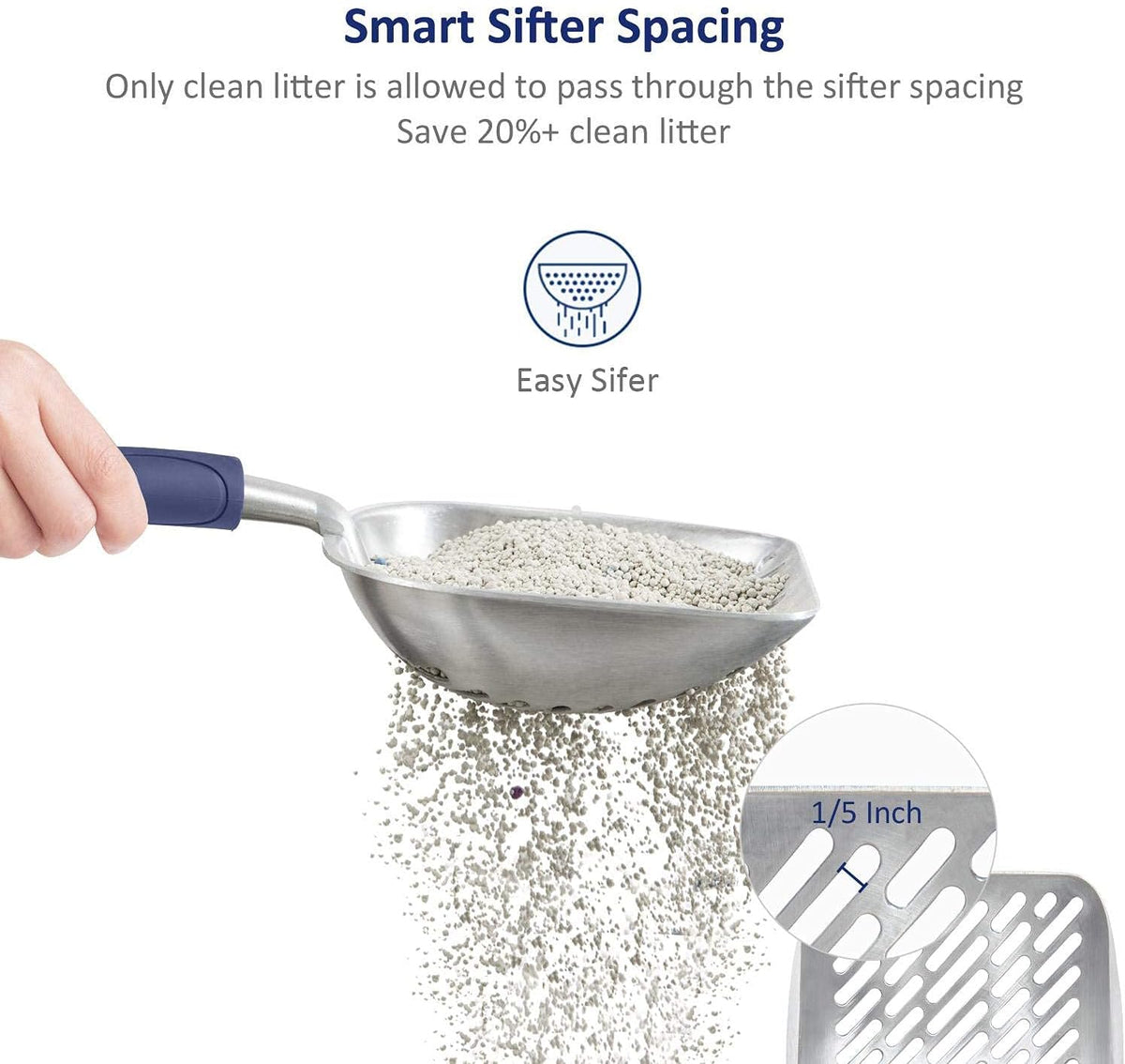 WePet Cat Litter Scoop, Aluminum Alloy Sifter, Kitty Metal Scooper, Deep Shovel with Diagonal Sifting Hole, Long Handle, Kitten Poop Lifter for Litter Box, Medium Size, Blue Handle