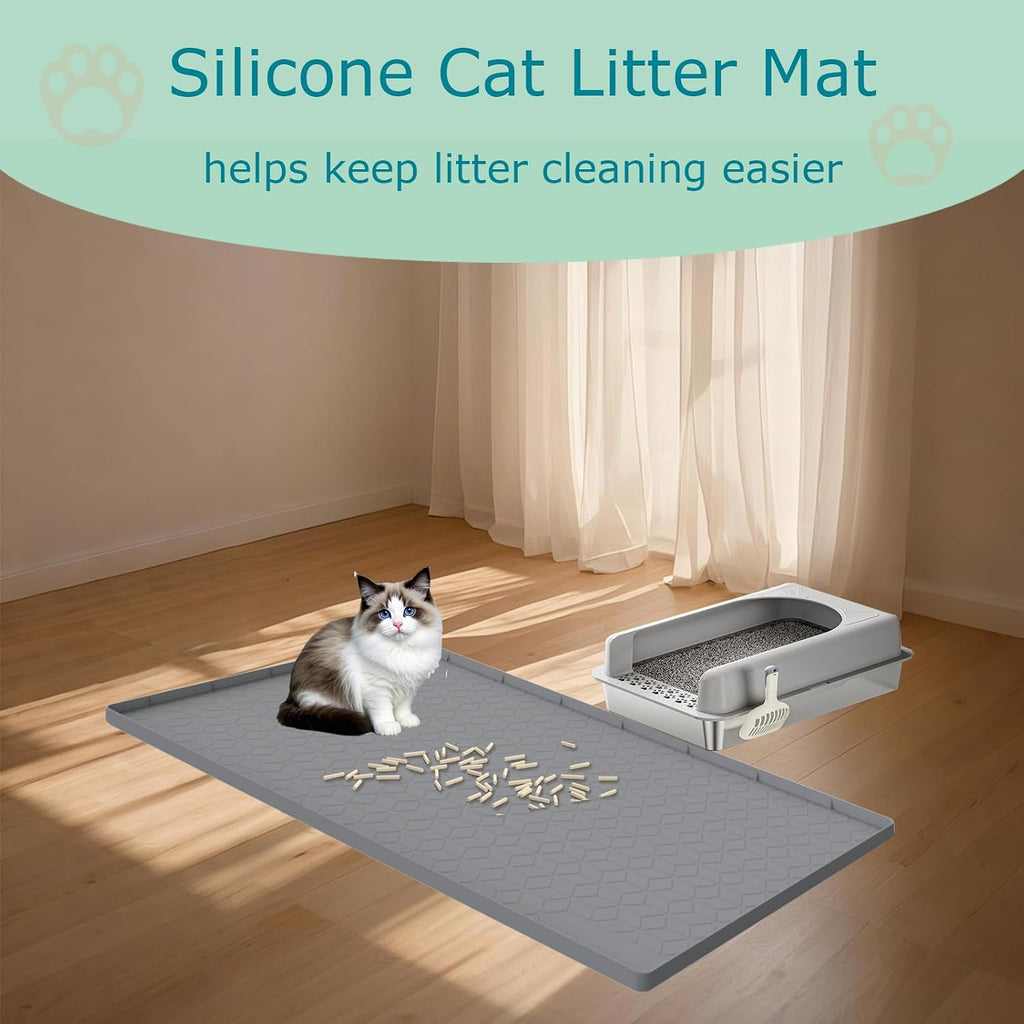 Cat Litter Mat for Litter Box, Silicone Large Cat Litter Trapping Mat - 34x22 in, Waterproof & Non-Slip, Durable & Easy Clean, Gray