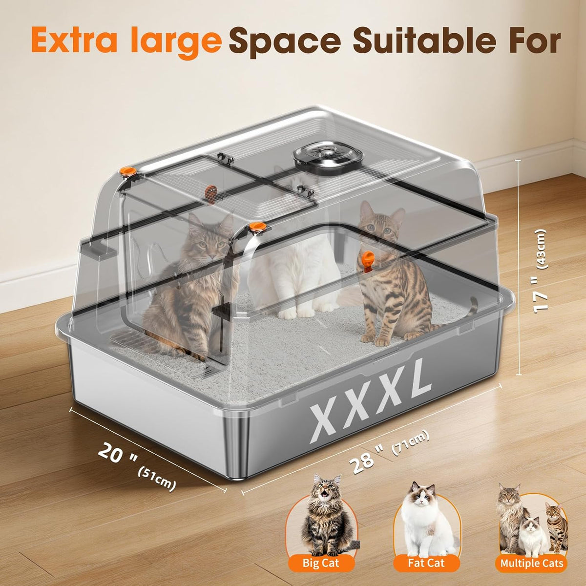 XXXL Stainless Steel Cat Litter Box with Lid – 28"×20"×17", Grey