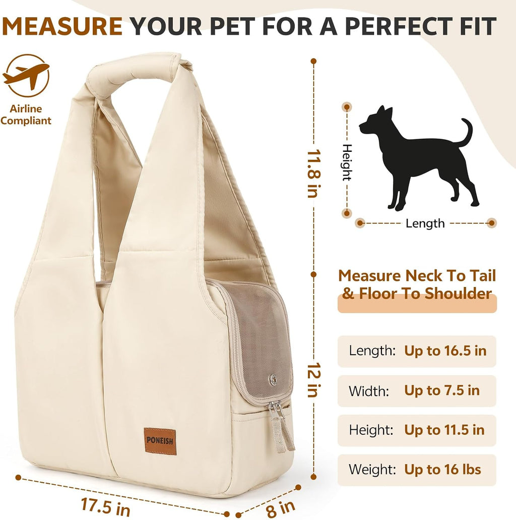 Dog Purse Carrier for Small Dogs and Cats, Soft-Sided Pet Tote Bag with 6 Large Pockets, Collapsible Travel Puppy Carrier, Fits Pets up to 16 lbs (Beige, 17.5" L x 8" W x 12" H)