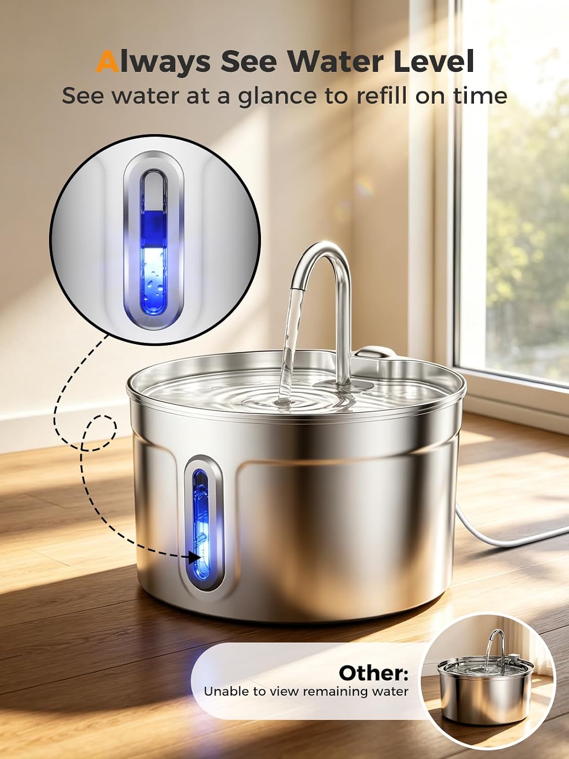 Stainless Steel Cat Water Fountain - 74oz/2.2L Ultra-Silent