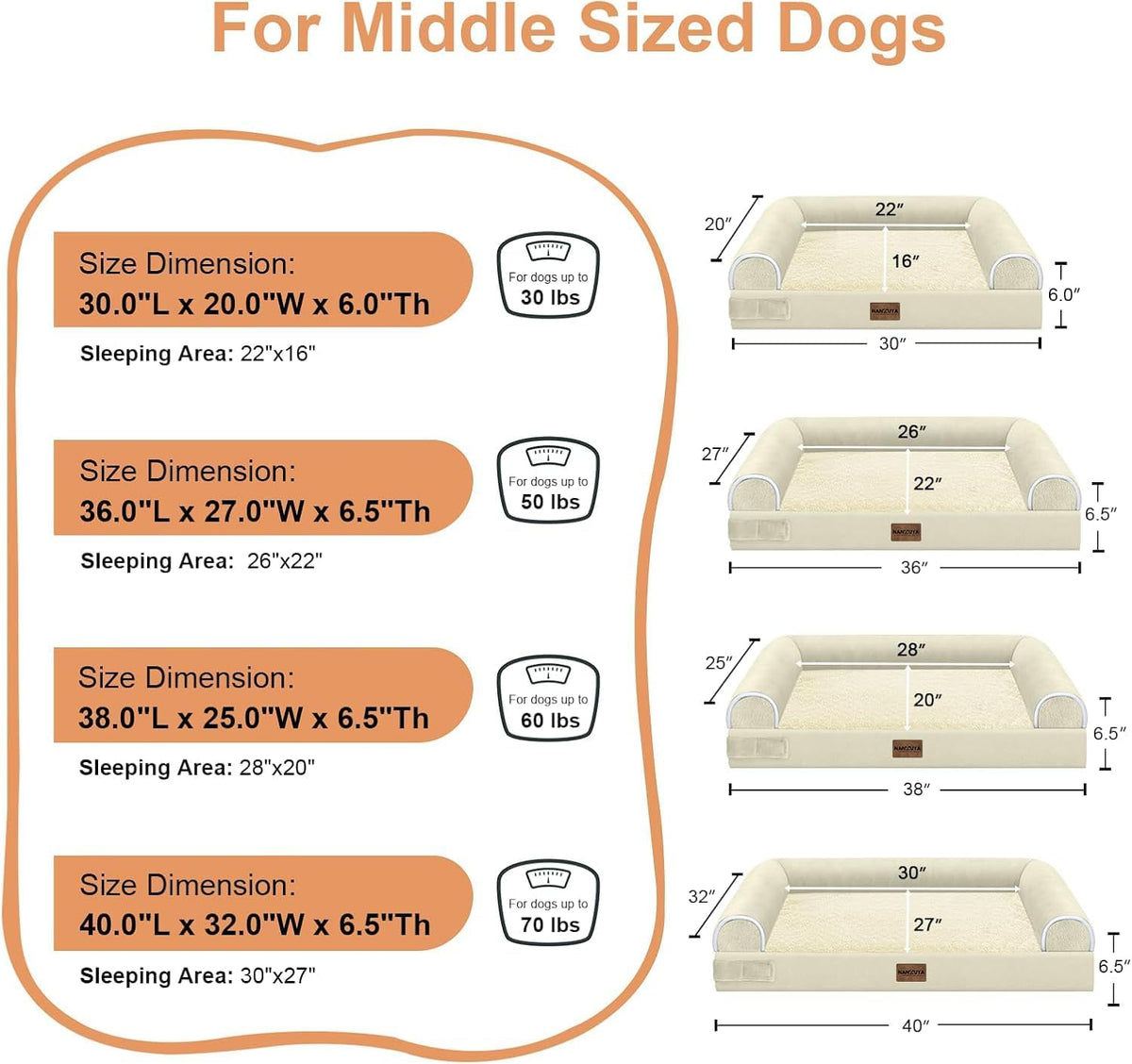 NANUYA Orthopedic Dog Bed for Large Dogs, 38 x 25 Inch, Beige