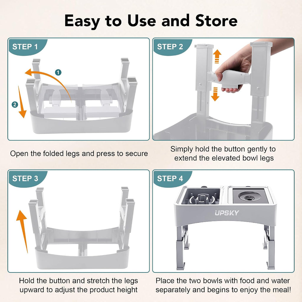 UPSKY 3-in-1 Elevated Dog Bowls Set with 4 Height Adjustable Stand, White
